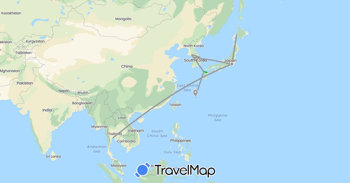 TravelMap itinerary: driving, bus, plane in Japan, South Korea, Thailand (Asia)
